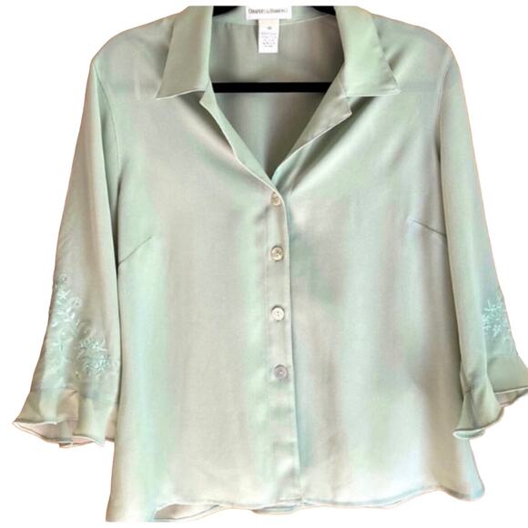 Drapers & Damons Green Vintage Button-Up Blouse embroidered Grandmacore Beach - Picture 1 of 7